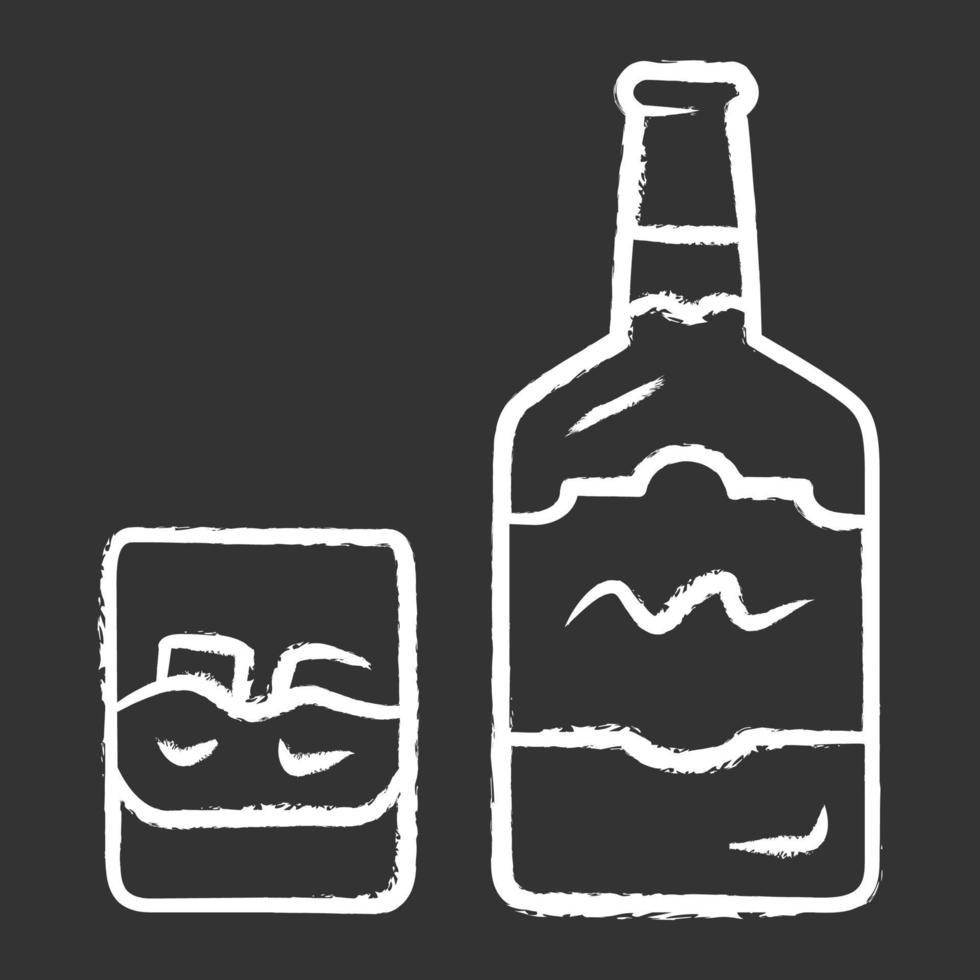 icono de tiza de whisky. botella y vaso antiguo con bebida y hielo. whisky, trago de ron. Bebida alcohólica destilada consumida para cócteles. brandy, bourbon. ilustración de pizarra de vector aislado