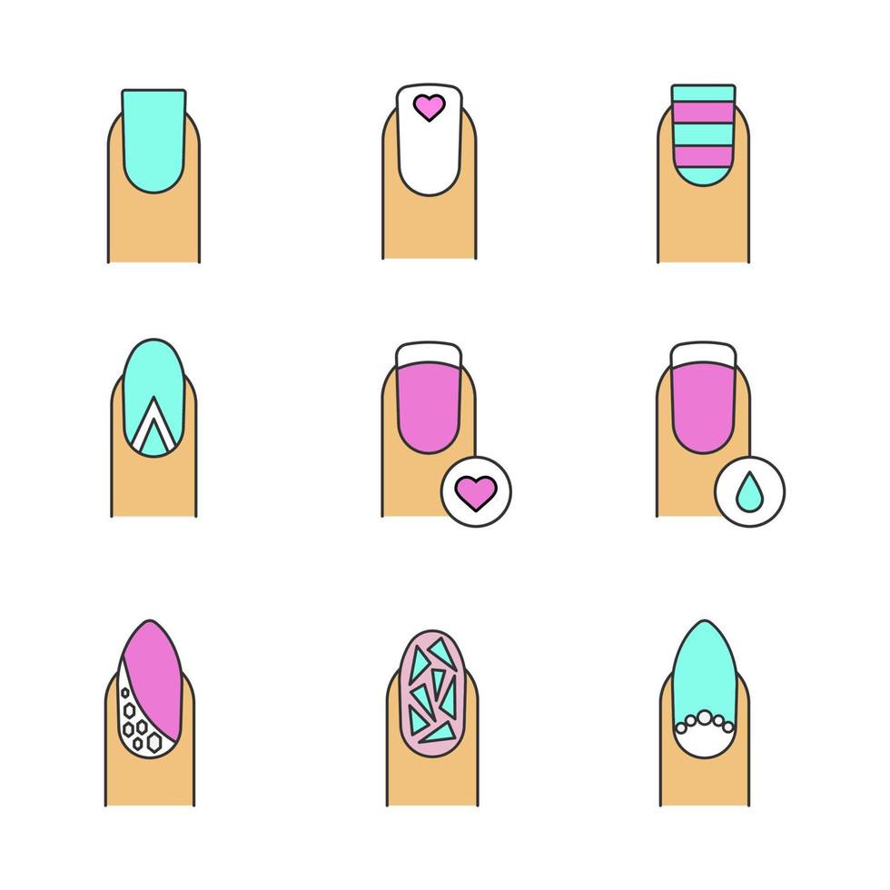Manicure color icons set. Square shaped, striped, geometric and almond moon, broken glass manicure with rhinestones and beads. Nails with liquid drop and heart shape. Isolated vector illustrations