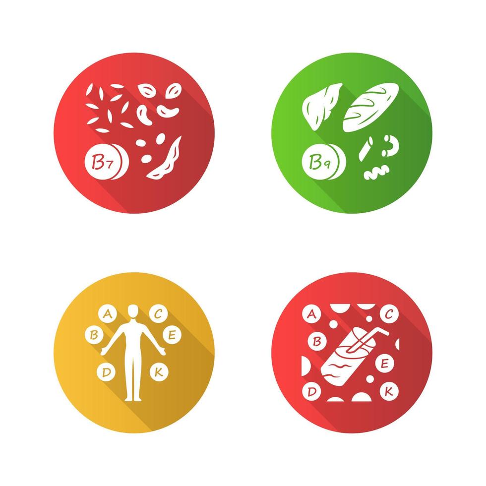 Vitamins color icons set. B1, B9 natural food source. Vitamin complex, cocktail. Nuts, flour products. Proper nutrition. Healthy food. Healthcare. Minerals, antioxidants. Isolated vector illustrations