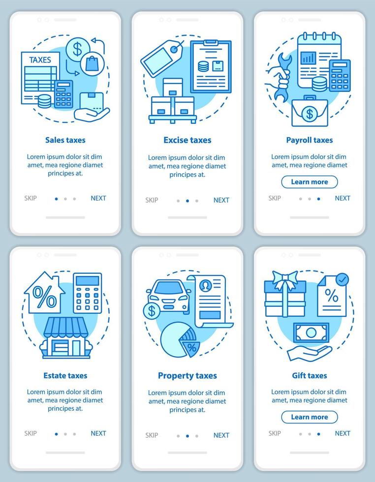 US taxes types blue onboarding mobile app page screen with linear concepts set. Sales, excise, gift taxation walkthrough steps graphic instructions. UX, UI, GUI vector template with illustrations