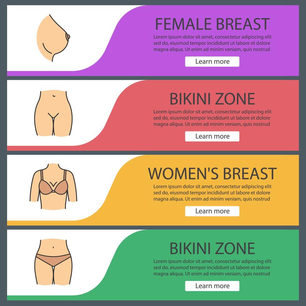 Conjunto de plantillas de banner web de partes del cuerpo femenino. pecho, zona del bikini. elementos del menú de color del sitio web. conceptos de diseño de encabezados vectoriales vector