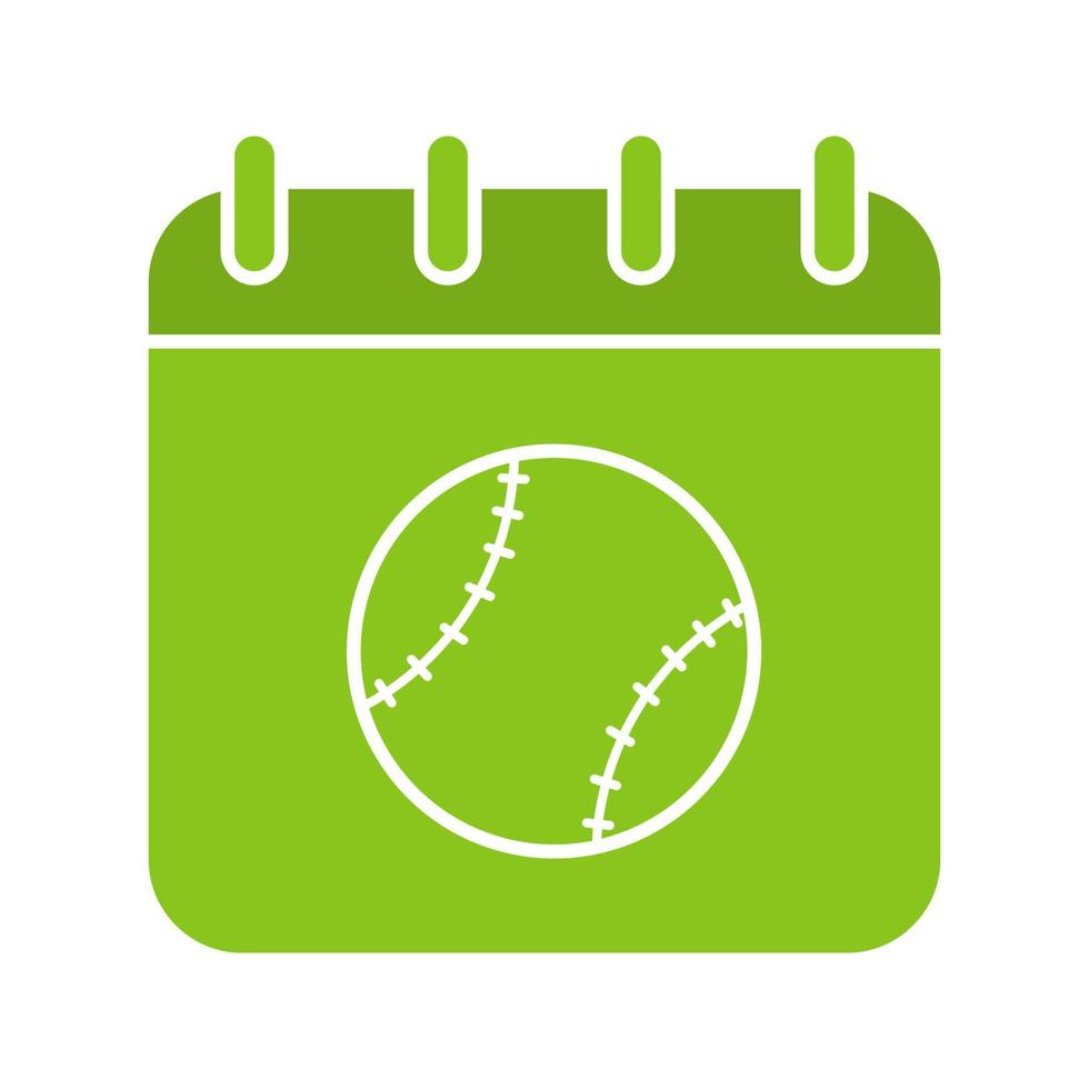 Icono de color de glifo de fecha de torneo de béisbol. página de calendario con pelota de softbol. símbolo de silueta sobre fondo blanco. espacio negativo. ilustración vectorial vector