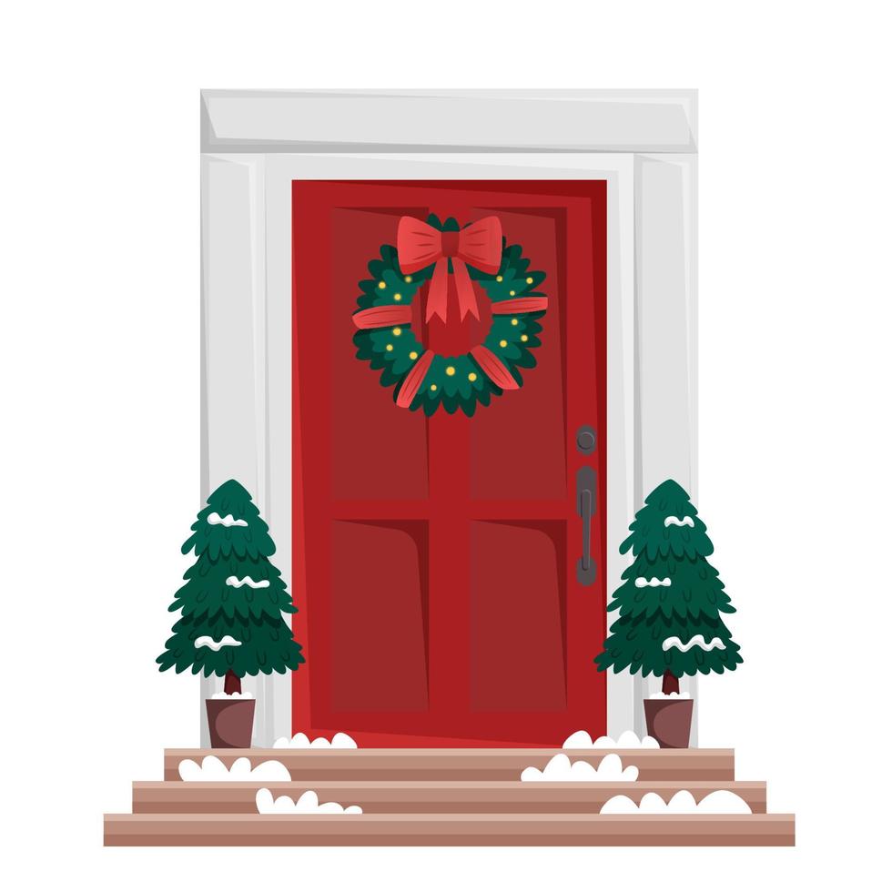 Red door with christmas wreath on white background vector