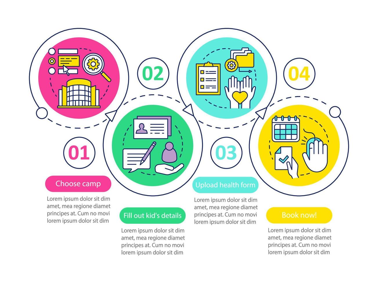 Camp booking, reservation vector infographic template. Business presentation design elements. Data visualization with four steps and options. Process timeline chart. Workflow layout with linear icons