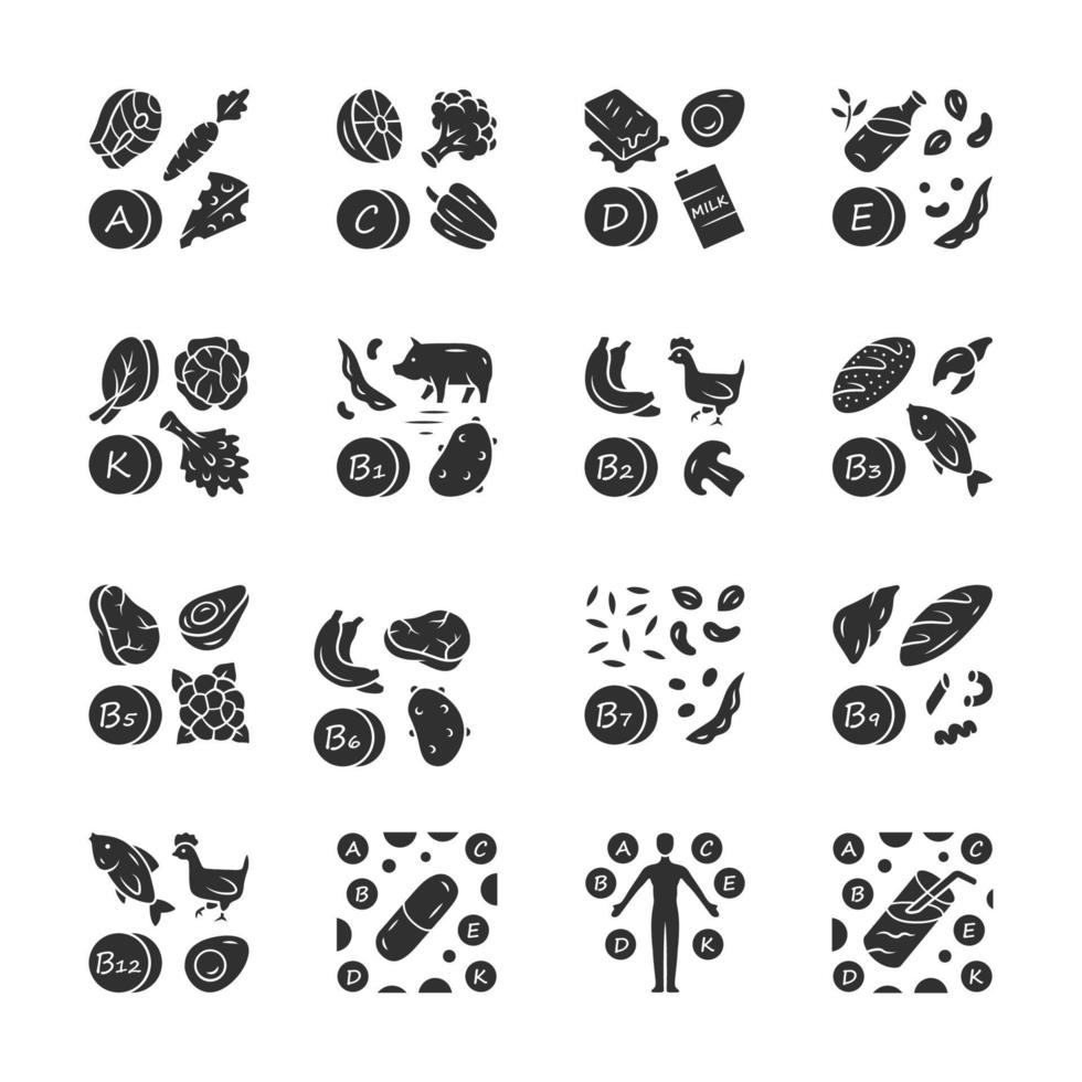 Vitamins glyph icons set. A, C, D, E, K, B natural food source. Vitamin pill, complex, cocktail. Fruits and vegetables. Proper nutrition. Minerals, antioxidants. Vector isolated illustration