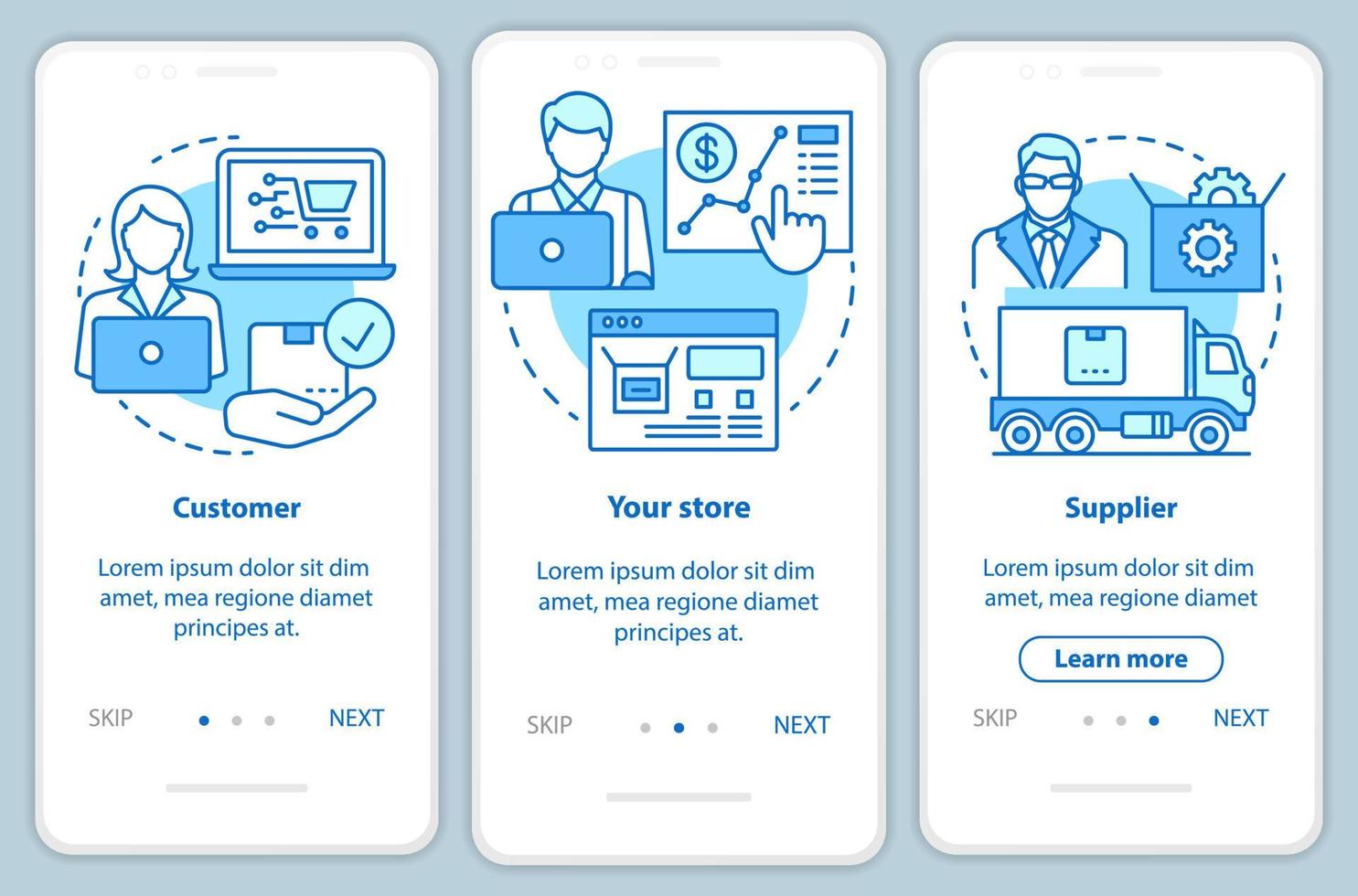 Dropshipping process blue onboarding mobile app page screen with linear concepts. Customer, your store, supplier walkthrough steps graphic instructions. UX, UI, GUI vector template with illustrations