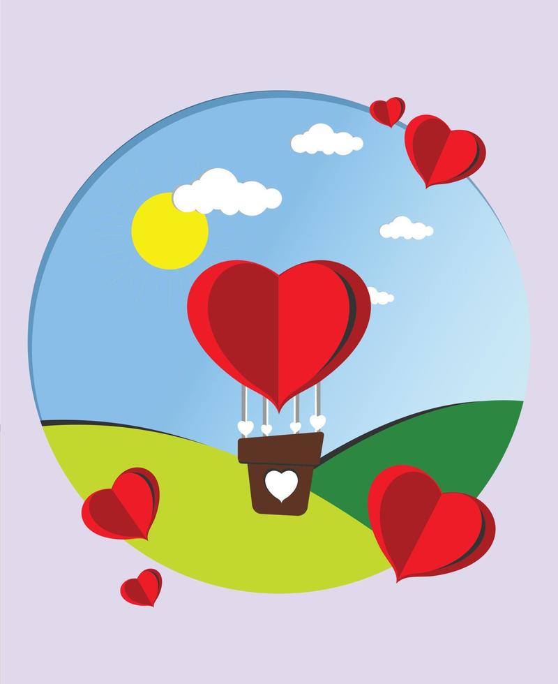 cute children s background ,red balloon flying in the sky above green meadows. vector