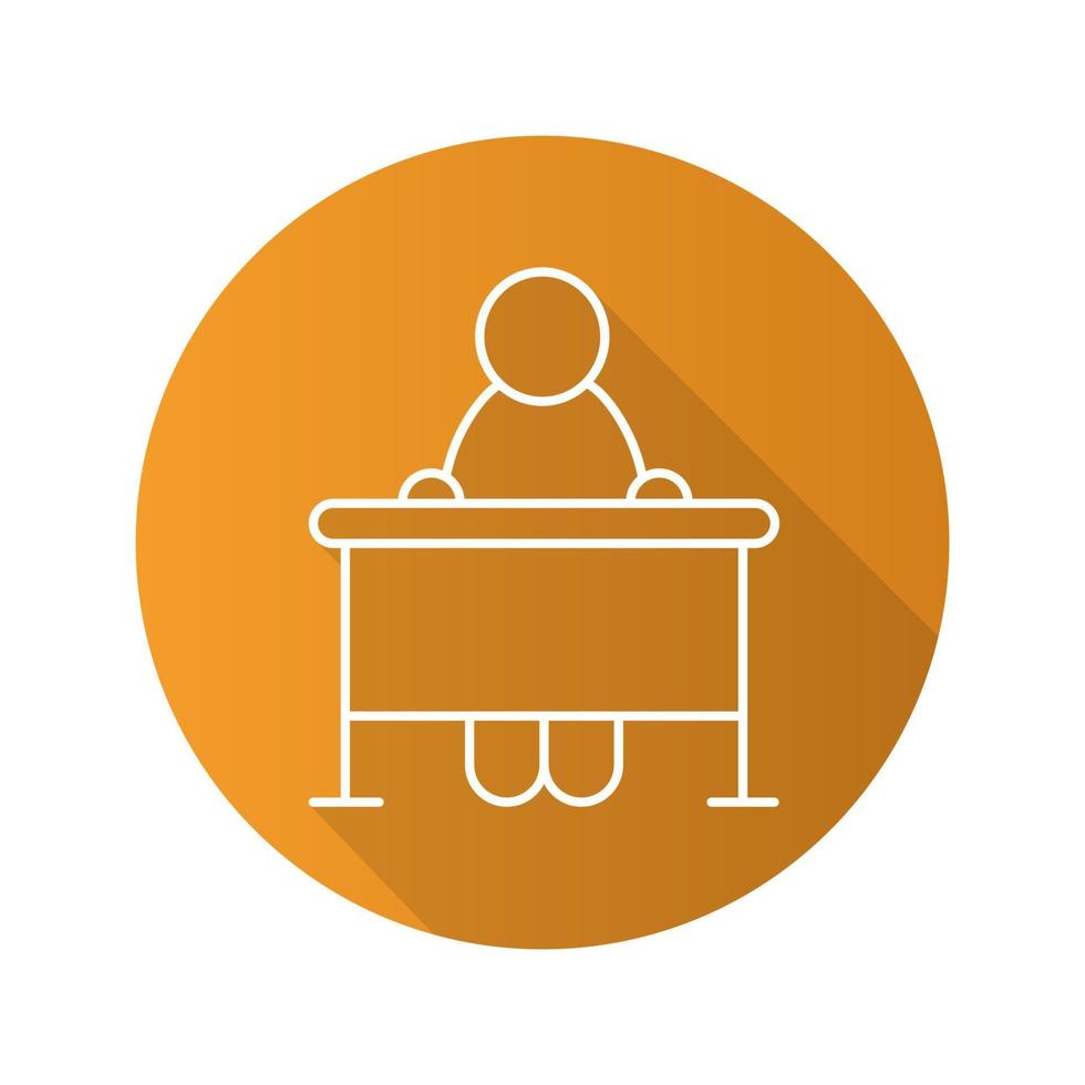 Pupil flat linear long shadow icon. School student sitting at desk. Vector outline symbol