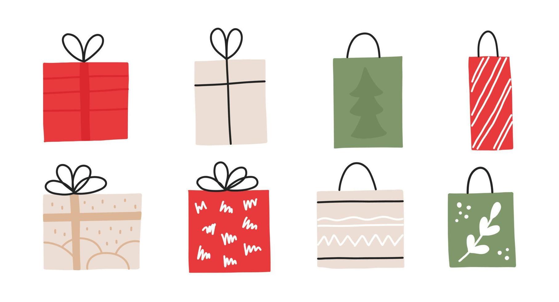 New year set of hand drawn christmas gift wrapping. Decoration isolated elements postcard, stickers vector