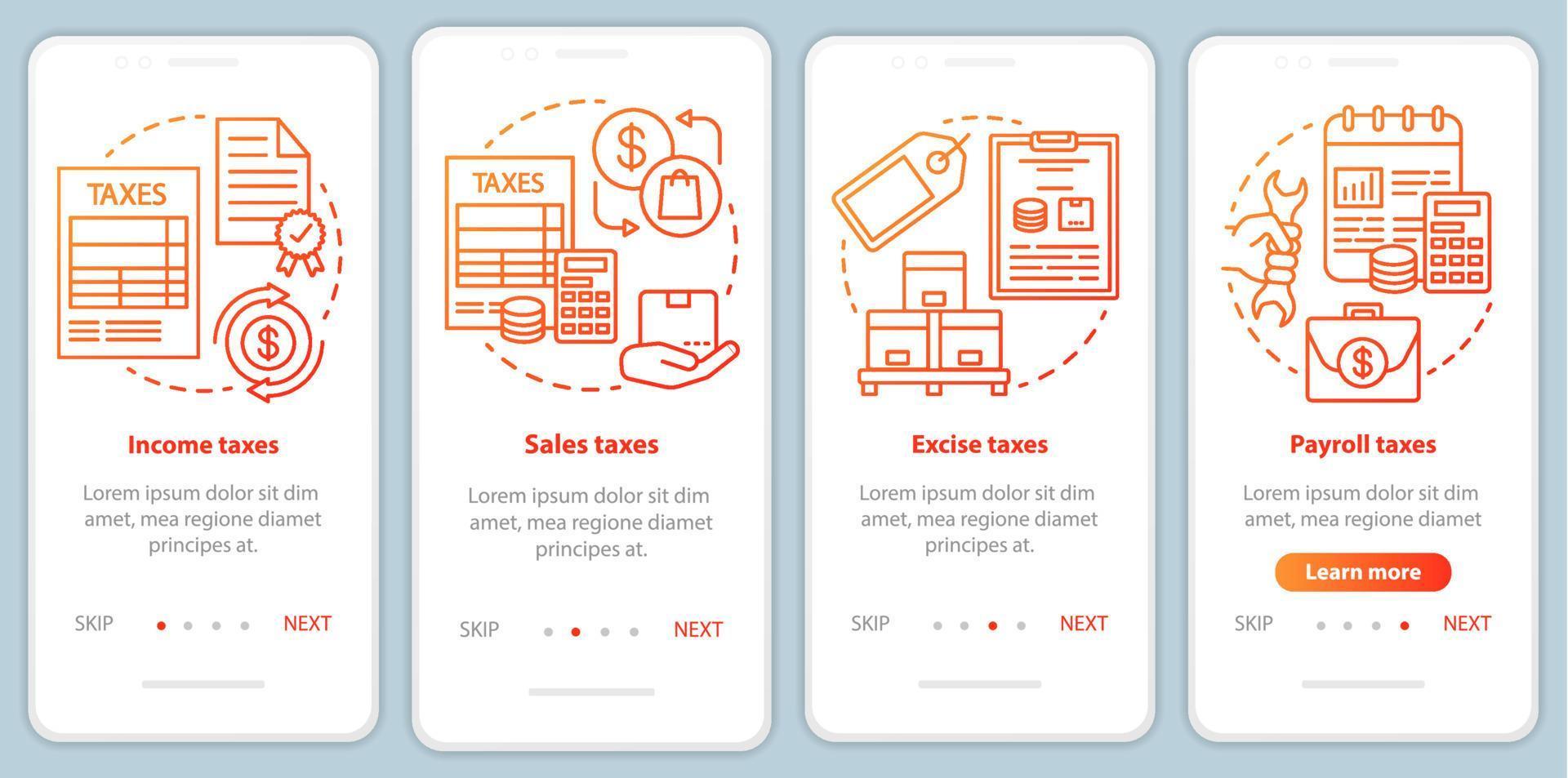 Tipos de impuestos de EE. UU. plantilla de vector de pantalla de página de aplicación móvil de incorporación roja. ingresos, impuestos especiales, impuestos sobre la nómina. paso a paso del sitio web con ilustraciones lineales. concepto de interfaz de teléfono inteligente ux, ui, gui