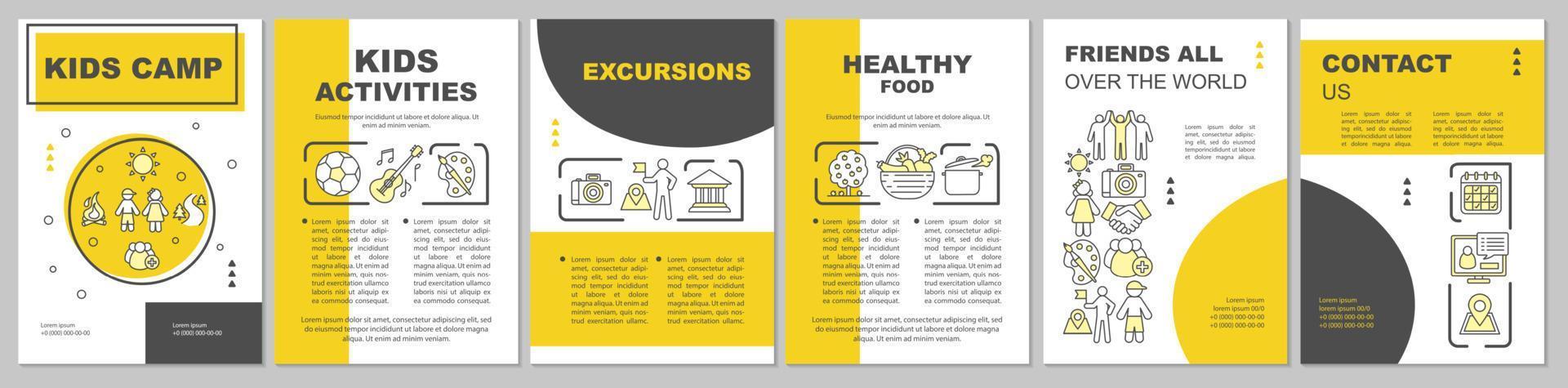Kids camp organisation advertisement brochure template layout. Flyer, booklet, leaflet print design with linear illustrations. Vector page layouts for magazines, annual reports, advertising posters