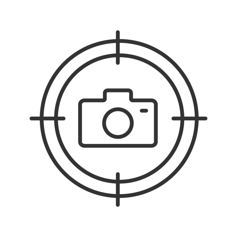 Searching photos linear icon. Aim on photo camera thin line illustration. Contour symbol. Vector isolated outline drawing