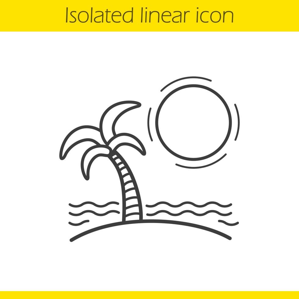 Tropical island linear icon. Thin line illustration. Seashore with with sun, waves and palm tree. Seashore vacation contour symbol. Vector isolated outline drawing