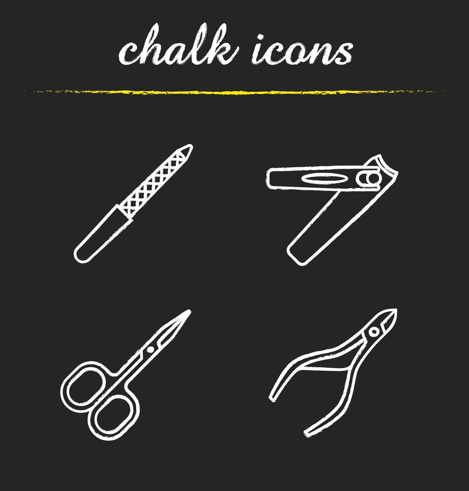 Manicure chalk icons set. Pedicure and manicure equipment. Cuticle nipper, scissors, nail file, tweezers. Isolated vector chalkboard illustrations