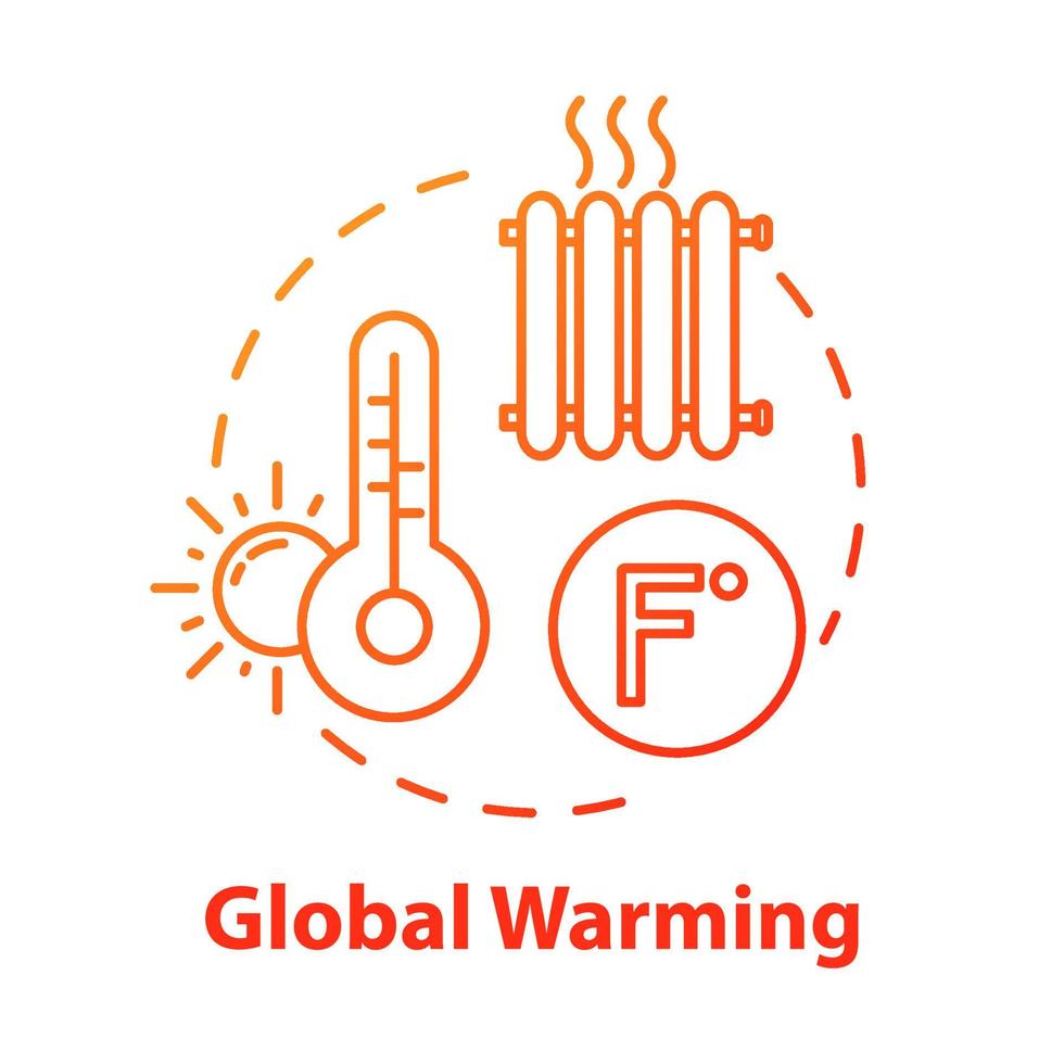 icono del concepto de calentamiento global. ola de calor. alta temperatura. Daños industriales. agujero de ozono y agotamiento. Ilustración de línea fina de idea de cambio climático. Vector contorno aislado dibujo a color rgb