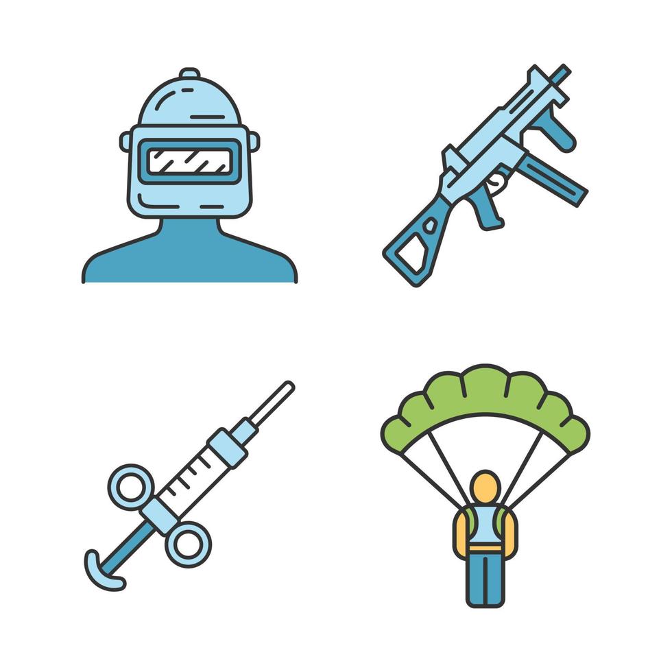 Conjunto de iconos de colores de inventario de juegos en línea. deportes electrónicos, deportes cibernéticos. computadora, equipo de videojuegos. casco de seguridad, arma, pistola, paracaídas, jeringa de adrenalina. ilustraciones vectoriales aisladas vector