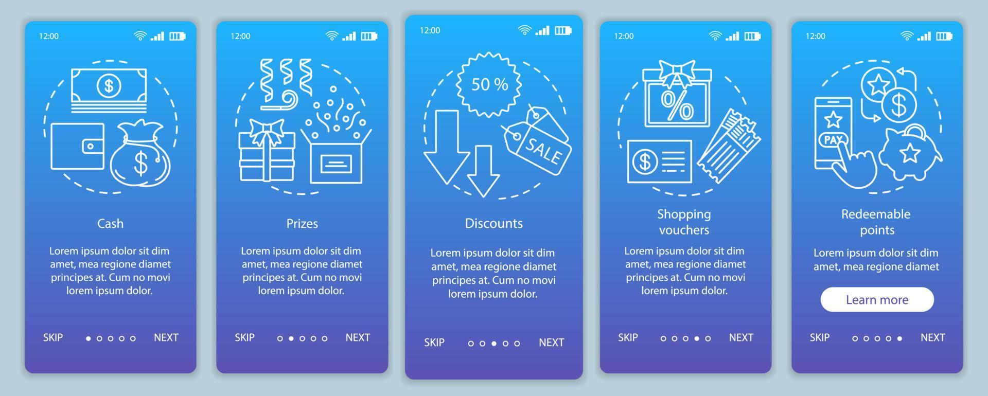 Referral rewards onboarding mobile app page screen with linear concepts. Walkthrough steps graphic instructions. Cash, prizes, discounts. UX, UI, GUI vector template with illustrations