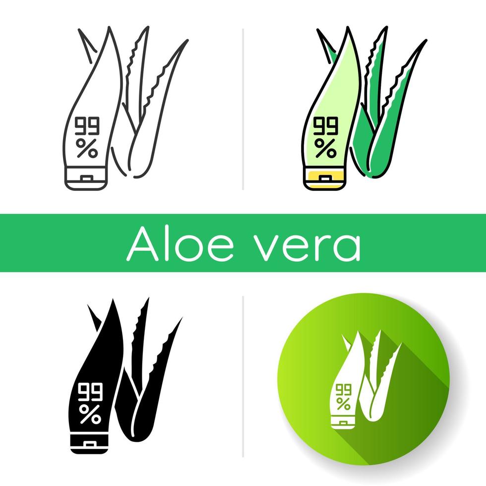 Pure organic cream icon. Lotion in tube with aloe vera. Cosmetic with medicinal herbs. Plant based product for skincare. Dermatology. Linear black and RGB color styles. Isolated vector illustrations