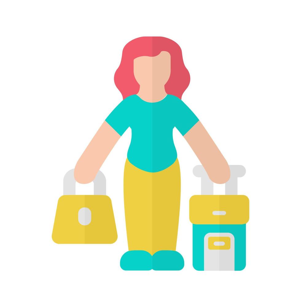 mujer inmigrante diseño plano larga sombra icono de color amarillo. viajero, turista, pasajero con bolso y maleta. viajar al exterior. inmigración. vacaciones, turismo. ilustración de silueta de vector