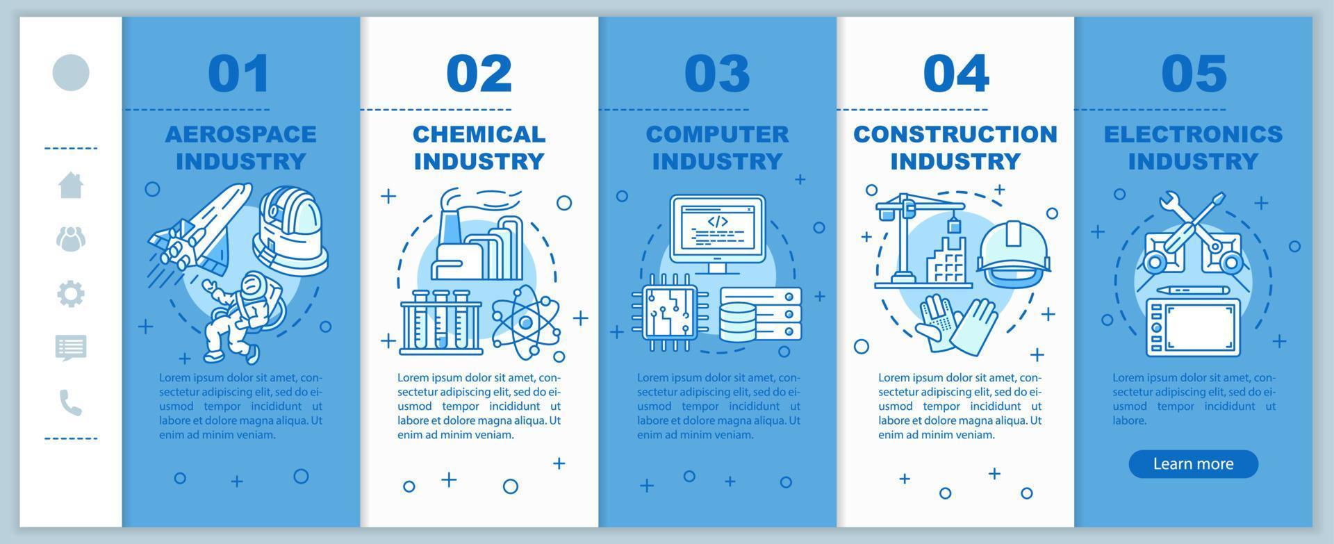 Research, manufacture industries onboarding mobile web pages vector template. Responsive smartphone website interface idea with linear illustrations. Webpage walkthrough step screens. Color concept