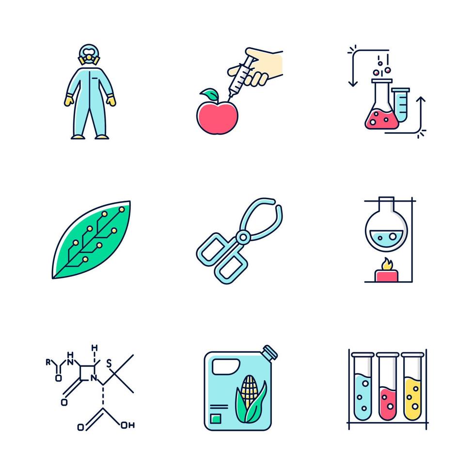 Conjunto de iconos de colores de desarrollo científico. equipos de biotecnología. metodología del experimento. trabajando en laboratorio. naturaleza cambiante. investigación en química orgánica. ilustraciones vectoriales aisladas vector