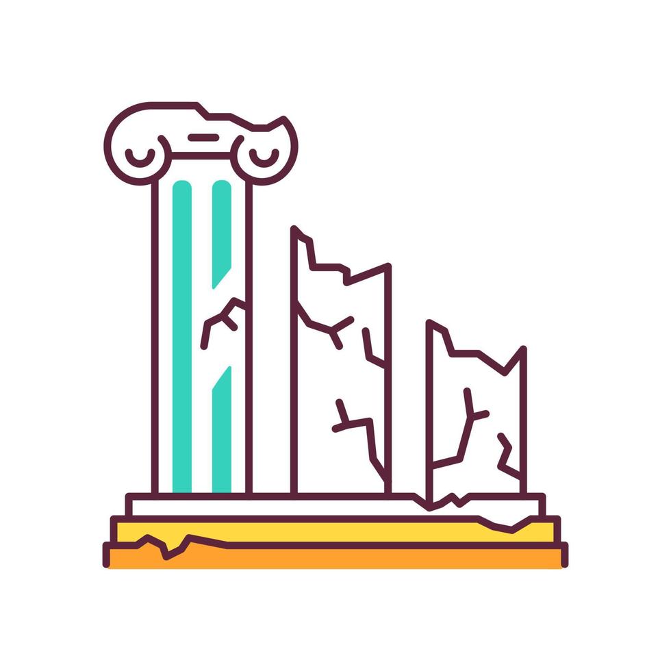 Ancient ruins color icon. Broken columns. Greek pillars. Lost cities and civilizations. Archeology. Historical monuments. Facade structure. Old architecture. Isolated vector illustration