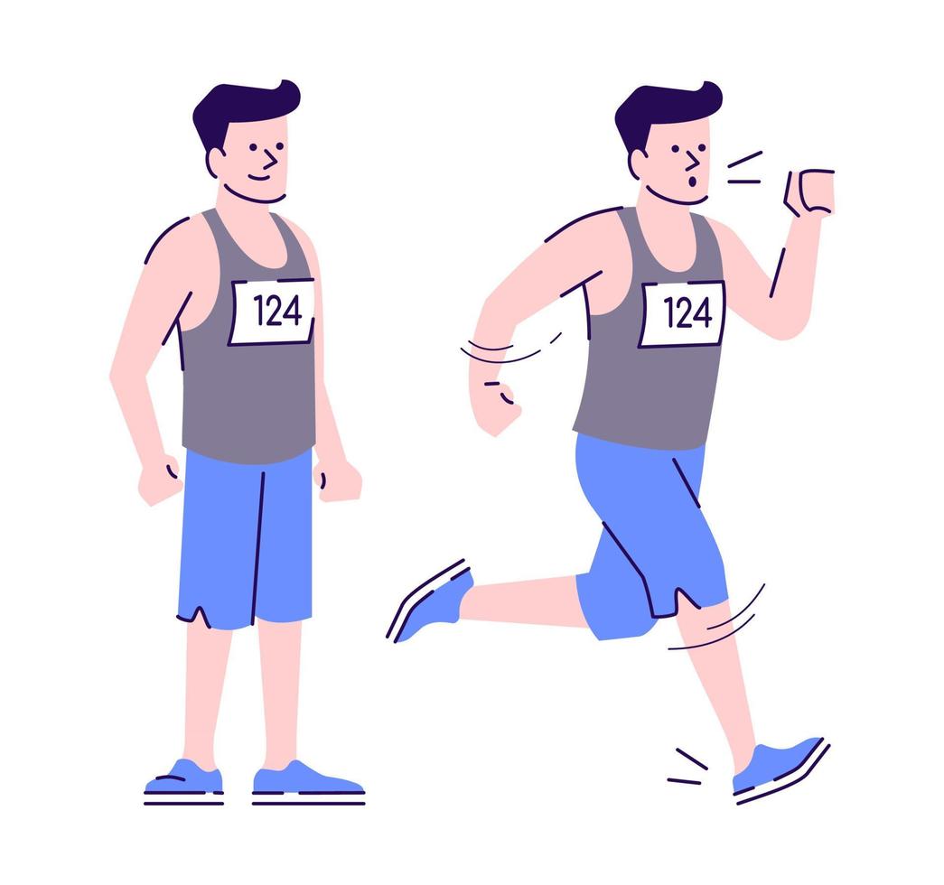 Young attractive male jogger flat vector illustration. Marathon participant. Standing, running athletic caucasian man, sportsman isolated cartoon character with outline elements on white background