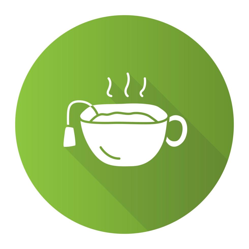 taza de té marrón caliente diseño plano verde icono de glifo de sombra larga. Taza con ilustración de silueta de vector de bebida deliciosa caliente. descanso de la hora del té, símbolo del desayuno. bebida tradicional británica, refresco