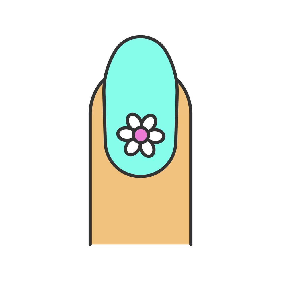 Oval shaped nail with floral design color icon. Classic manicure with flower. Isolated vector illustration