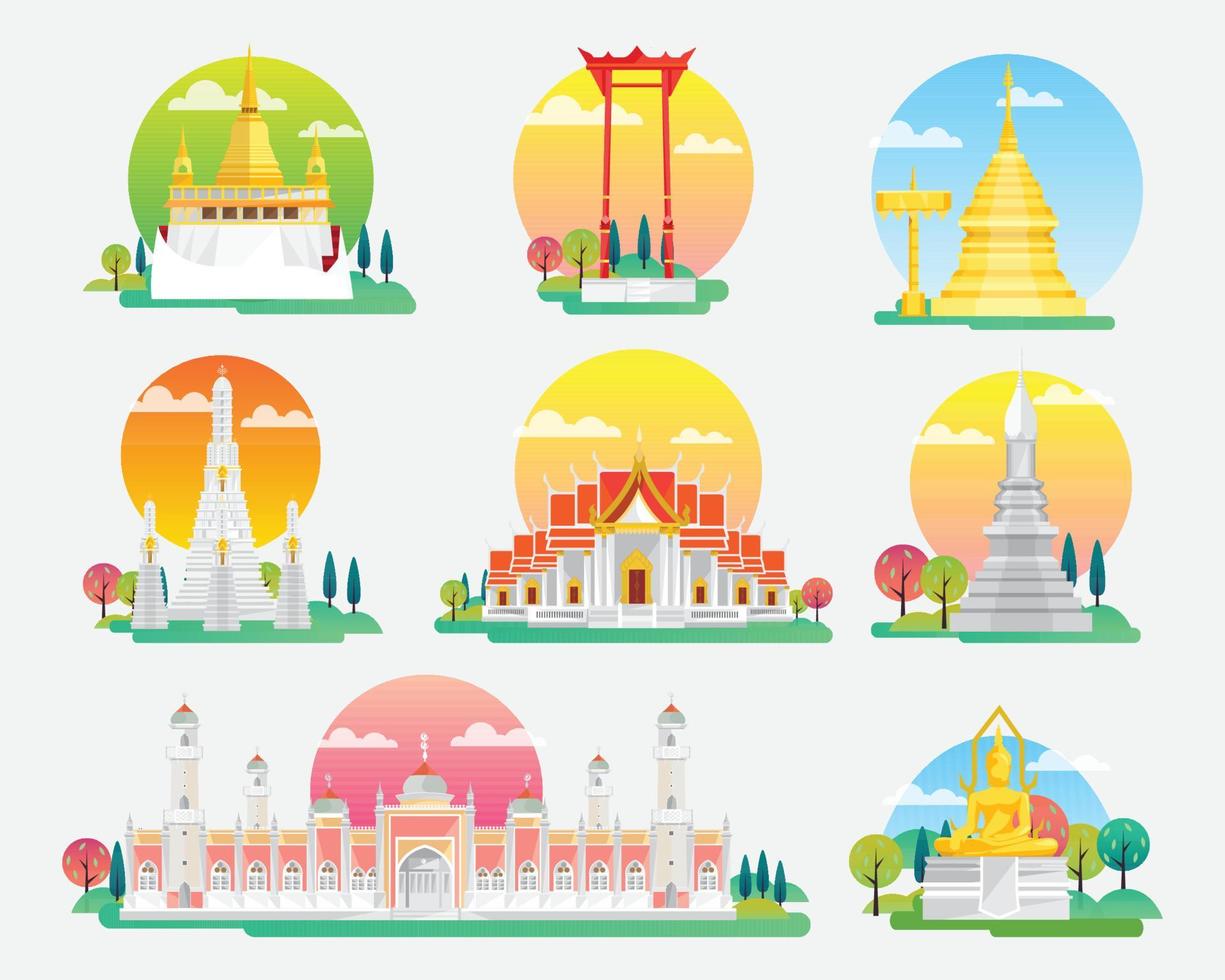 Conjunto de iconos y puntos de referencia de Tailandia, iconos de construcción de arquitectura, ilustración vectorial vector