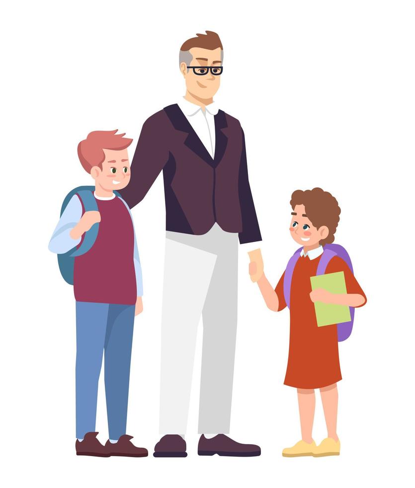 Father with schoolchildren flat vector illustration. Parent taking from school preteen son and daughter cartoon characters isolated on white background. Happy brother and sister communicating