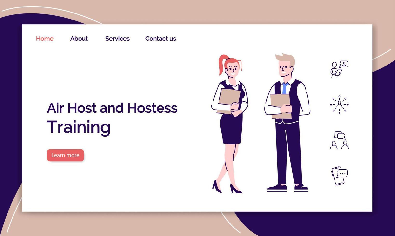 Air hostess and host training landing page vector template. Flight attendant, stewardess service website interface idea with flat illustrations. Homepage layout, web banner, webpage cartoon concept