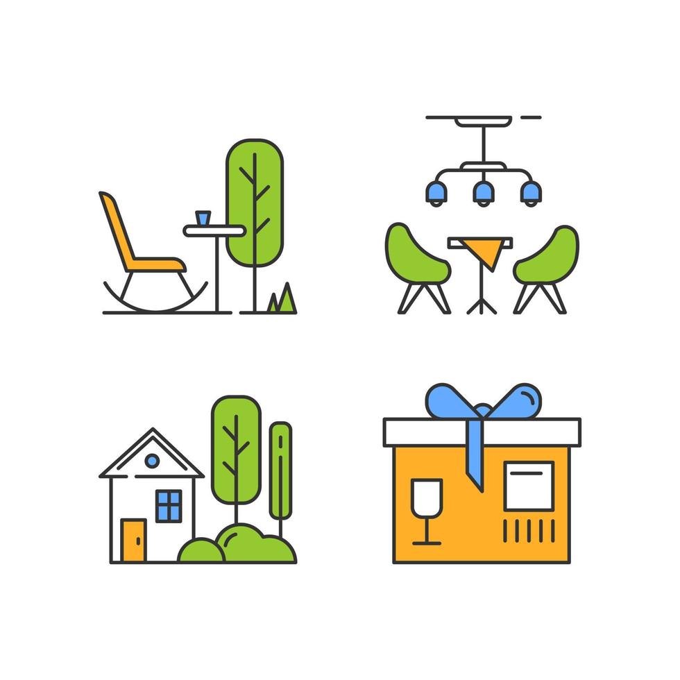 Apartment amenities color icons set. Outdoor rest space, residents lounge, small village house with garden, package service. Comfortable leisure zones. Isolated vector illustrations