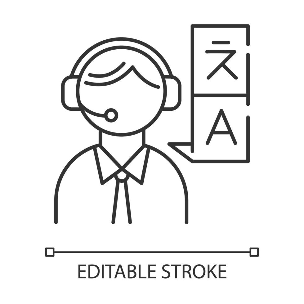 Translation services linear icon. Translation agency worker. Consecutive interpretation. Translator. Thin line illustration. Contour symbol. Vector isolated outline drawing. Editable stroke