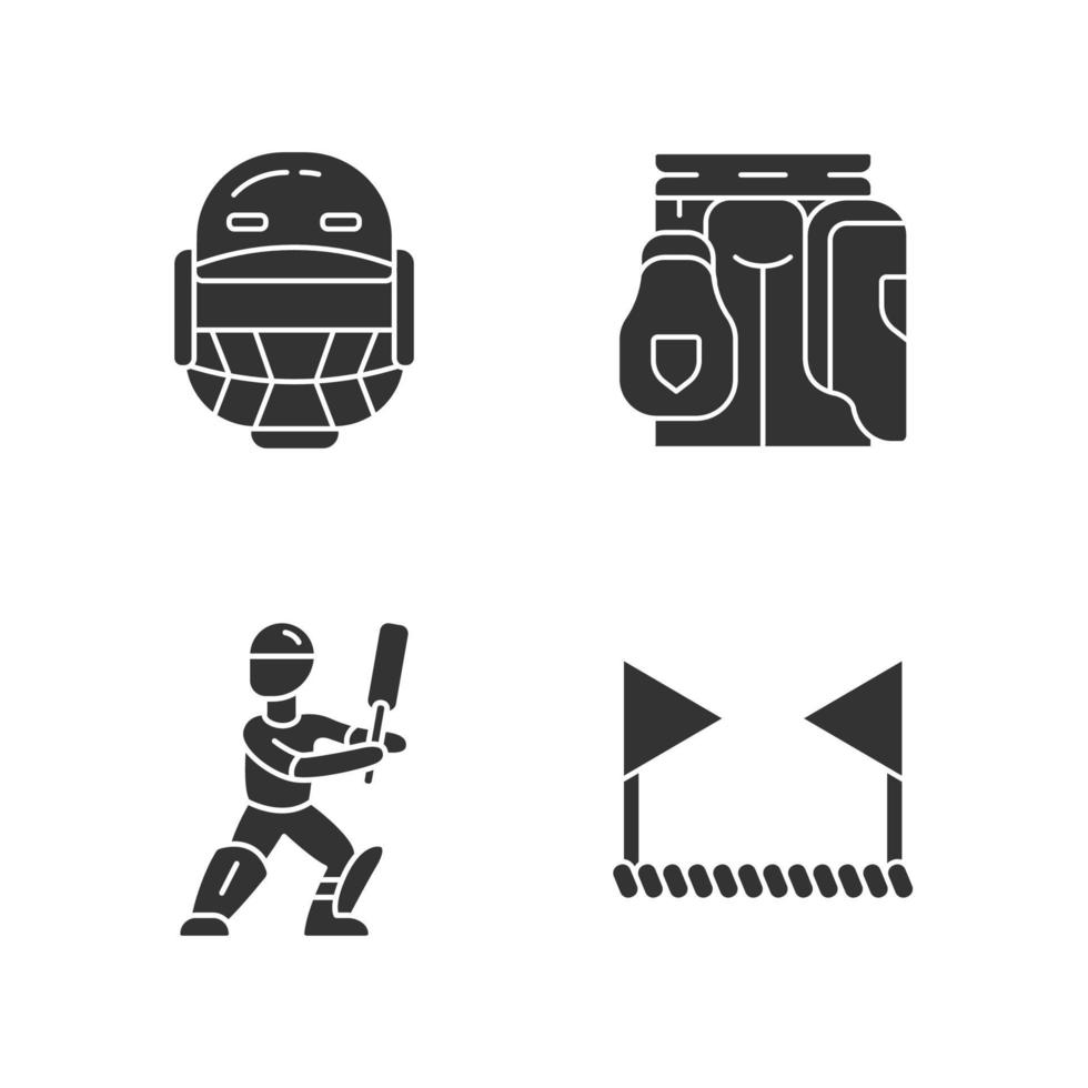 Conjunto de iconos de glifo de campeonato de cricket. torneo deportivo. casco, protector de muslos, bateador, cuerda límite. juego de equipo de bate y pelota. preparación de la competición. símbolos de silueta. vector ilustración aislada