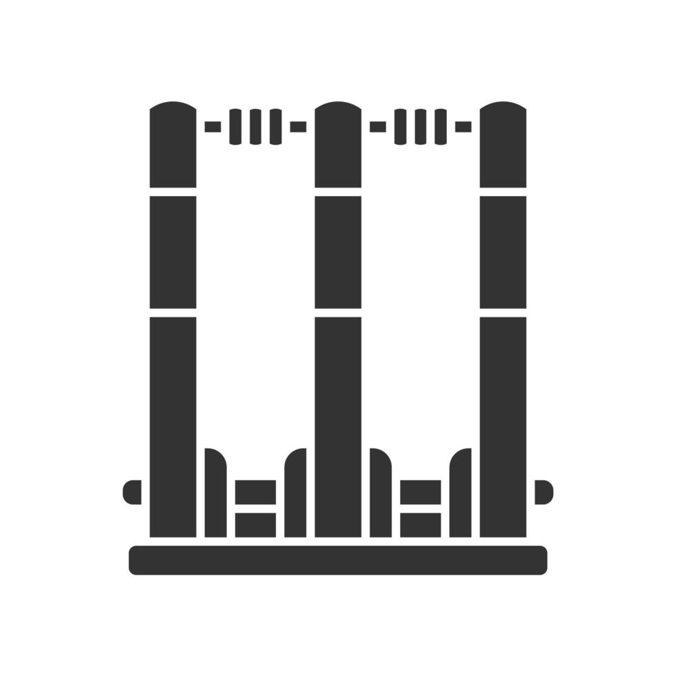 icono de glifo de tocones de cricket. ventanilla de cricket. puerta en el juego. Tres postes verticales con fianzas. Equipo de juegos deportivos. actividad deportiva. símbolo de silueta. espacio negativo. vector ilustración aislada