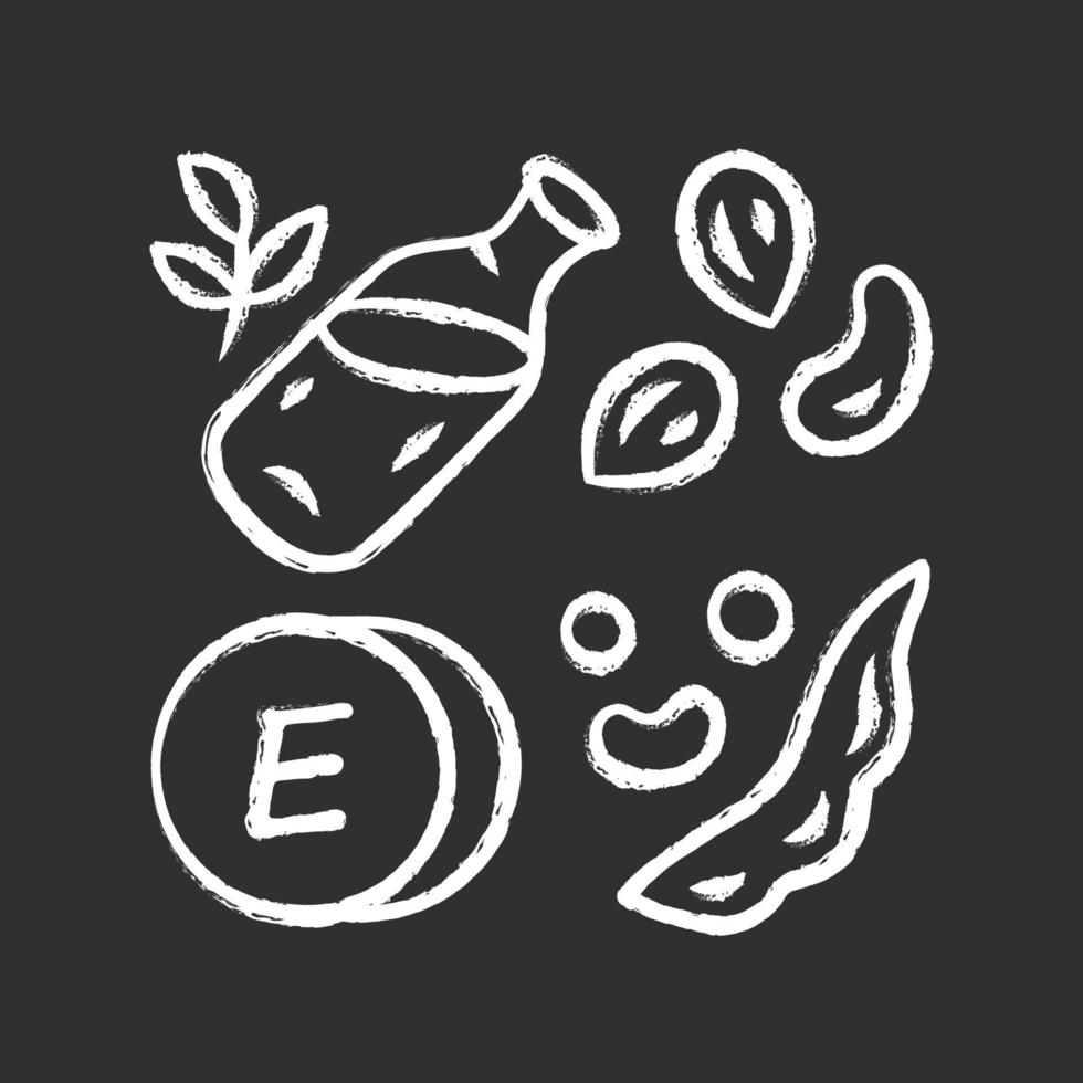 Vitamin E chalk icon. Peanuts, peas and beans. Seed oil. Healthy diet. Minerals, antioxidants. Tocopherol natural food source. Dairy products. Proper nutrition. Isolated vector chalkboard illustration