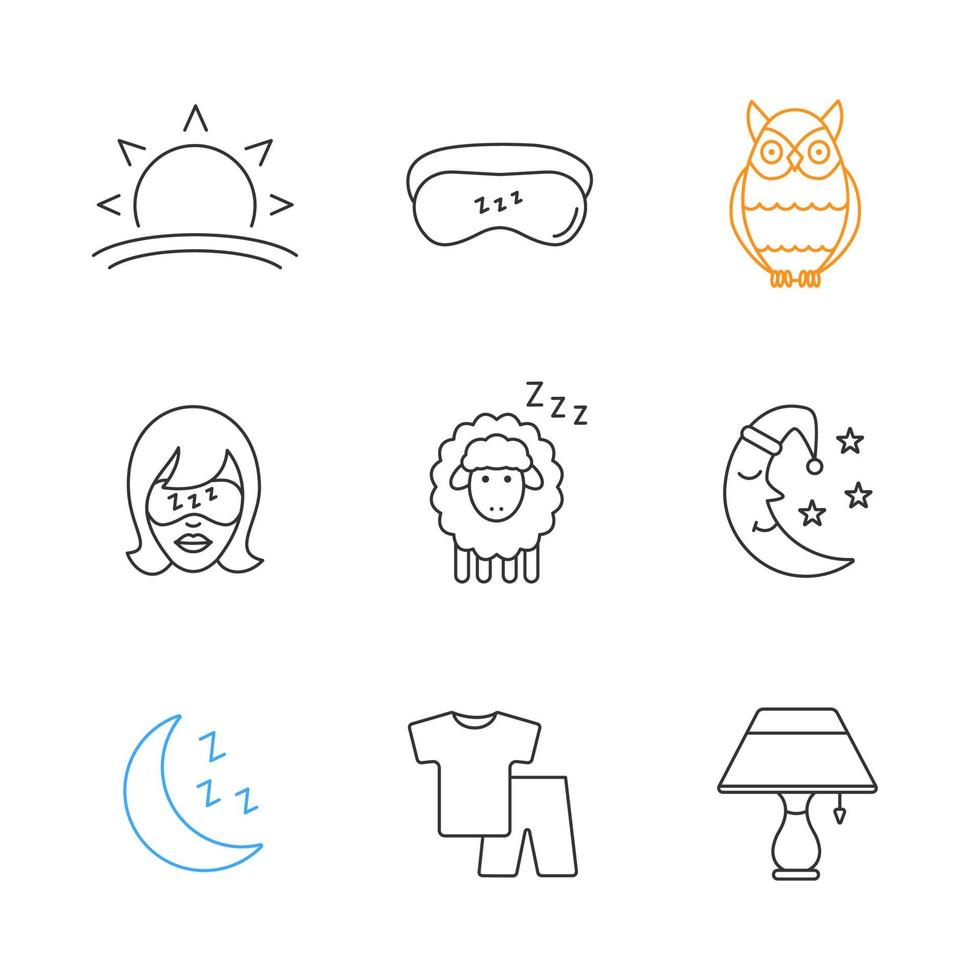 Sleeping accessories linear icons set. Thin line contour symbols. Sunset, woman with sleeping mask, owl, sheep, moon, pajamas, table lamp. Isolated vector outline illustrations