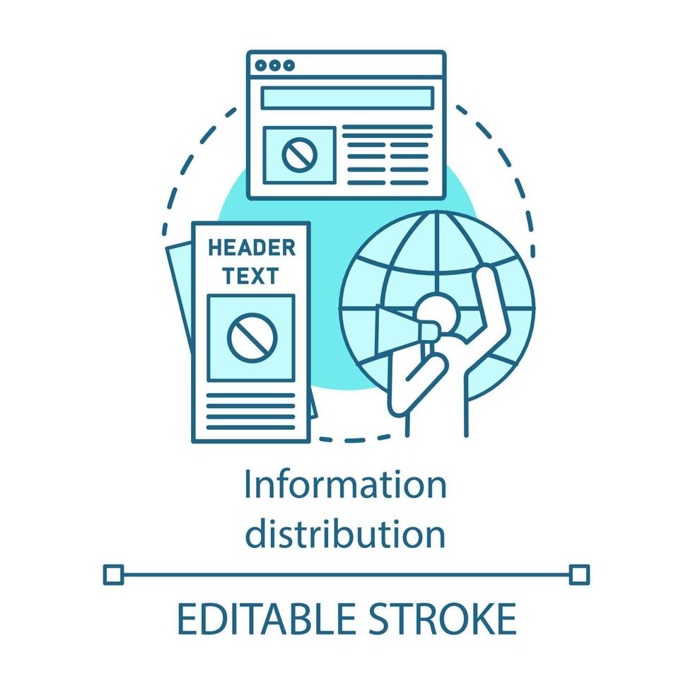 Information distribution concept icon. Nonviolent resistance, propaganda idea thin line illustration. Activist with megaphone, flyers and online news vector isolated outline drawing. Editable stroke