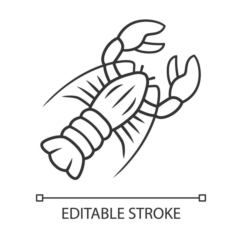 Lobster linear icon. Seafood restaurant menu. Marine animal with pincers. Delicacy food. Aquatic creature. Thin line illustration. Contour symbol. Vector isolated outline drawing. Editable stroke