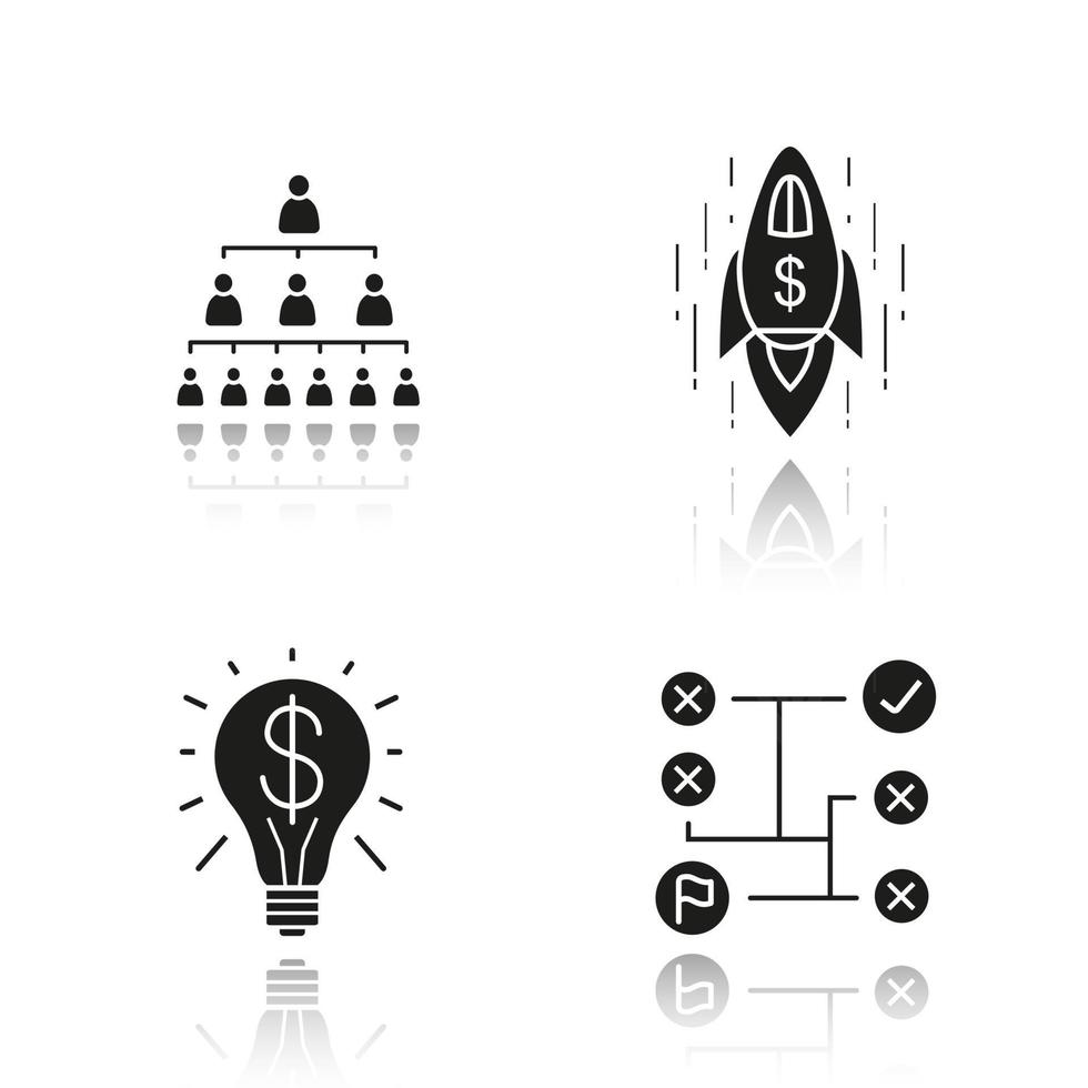 Business concepts drop shadow black icons set. Company hierarchy, problems solving, successful idea and spaceship. Isolated vector illustrations