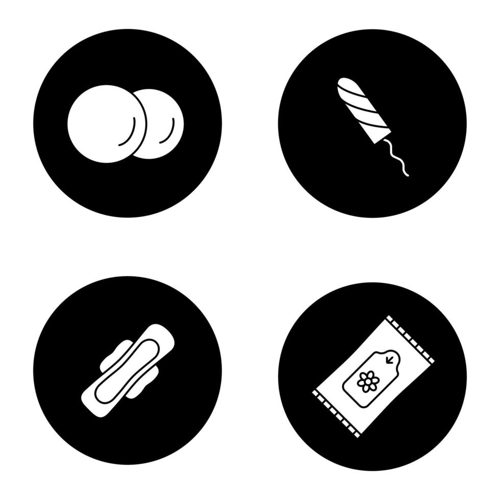 Toiletries glyph icons set. Women's hygienic products. Cotton pads, sanitary tampon, towel with wings, wet wipes. Vector white silhouettes illustrations in black circles