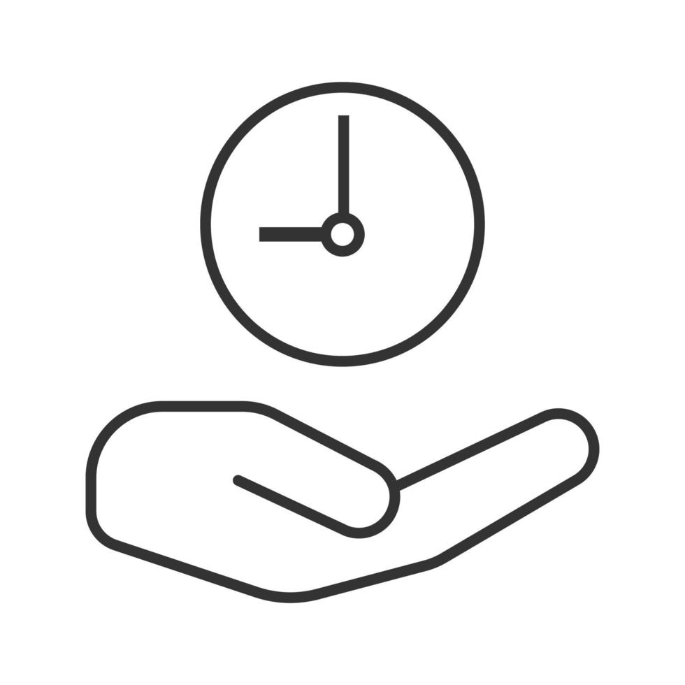 Open hand with clock linear icon. Thin line illustration. Time management. Contour symbol. Vector isolated outline drawing