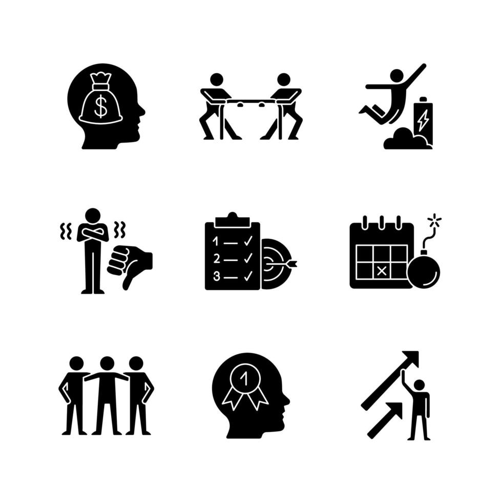 Motivation stimulus black glyph icons set on white space vector