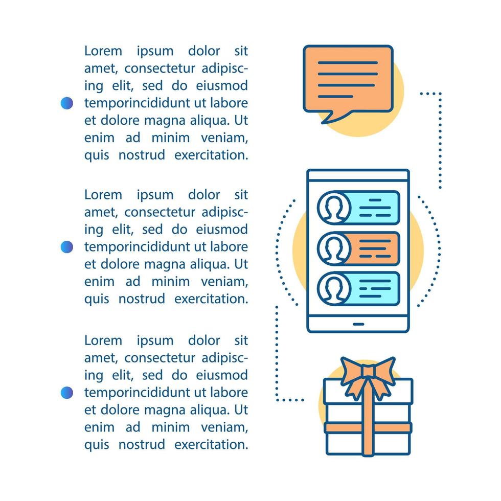 plantilla de vector de página de artículo de recompensas de marketing de referencia. programa de fidelidad. folleto, revista, elemento de diseño de folleto con iconos lineales y cuadros de texto. diseño de impresión. ilustraciones de concepto con texto