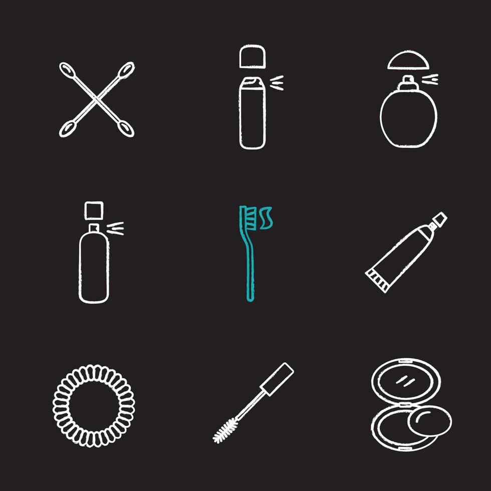 Cosmetics accessories chalk icons set. Earsticks, deodorant bottles, perfume, toothbrush, toothpaste, hair scrunchy, mascara, rouge. Isolated vector chalkboard illustrations