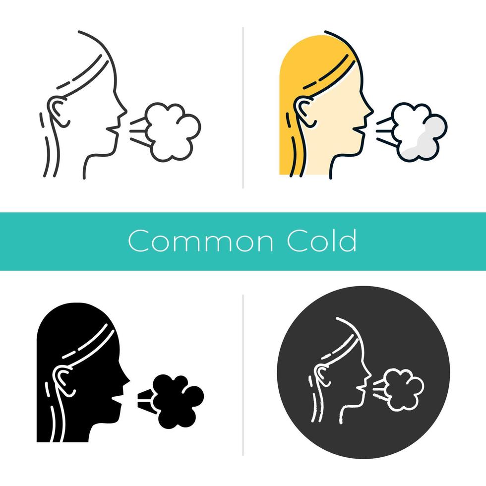 Girl cough icon. Common cold. Influenza virus. Flu symptom. Grippe. Respiratory disease. Allergy. Healthcare. Sneeze. Tuberculosis. Flat design, linear and color styles. Isolated vector illustrations