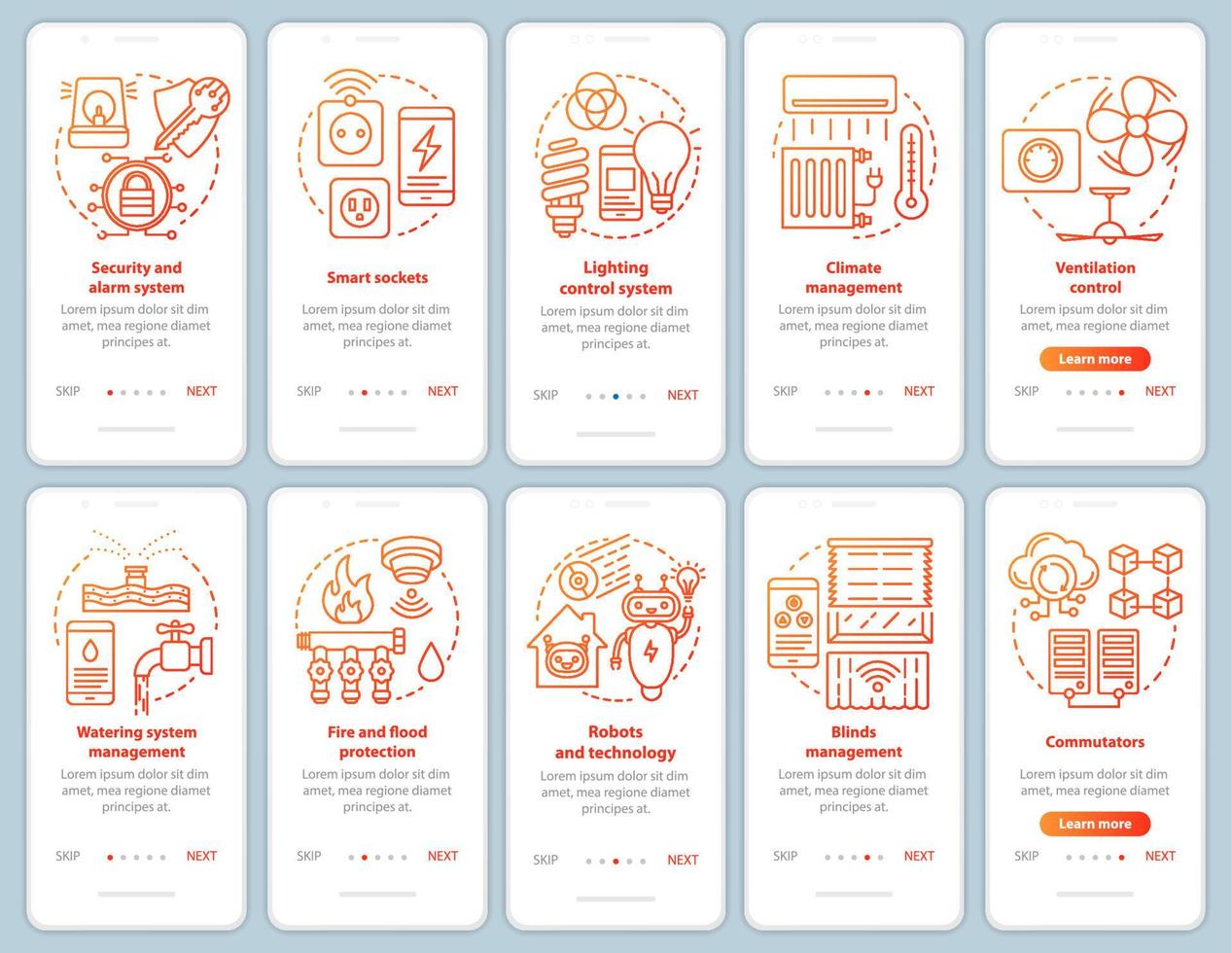 Conjunto de plantillas vectoriales de pantalla de página de aplicaciones móviles de incorporación de casa inteligente. modernos sistemas de domótica. paso a paso del sitio web con ilustraciones lineales. concepto de interfaz de teléfono inteligente ux, ui, gui vector