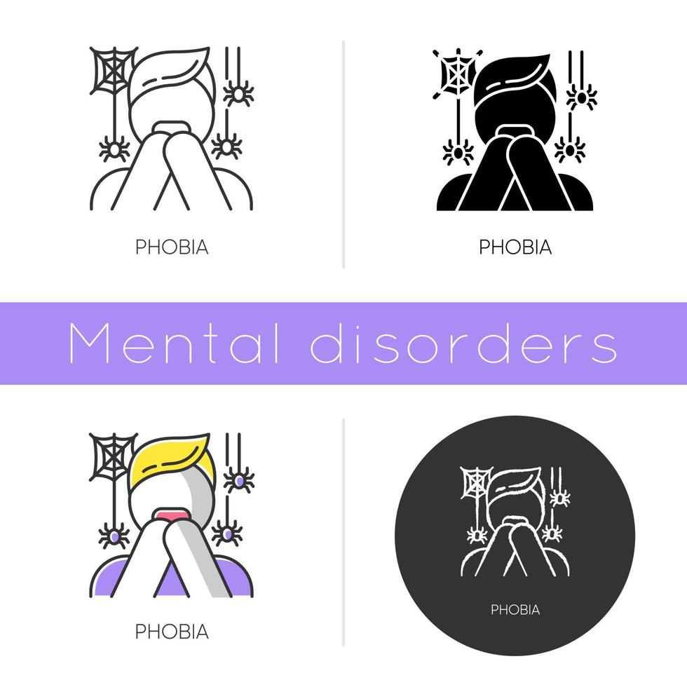 Phobia icon. Fear of spiders. Arachnophobia. Horror. Panic attack. Anxiety and distress. Psychotherapy. Mental disorder. Flat design, linear and color styles. Isolated vector illustrations