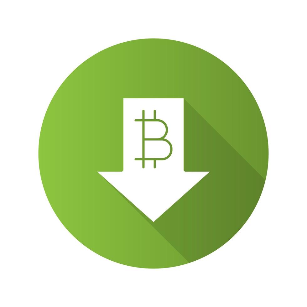 Bitcoin rate falling flat design long shadow glyph icon. Cryptocurrency with down arrow. Vector silhouette illustration